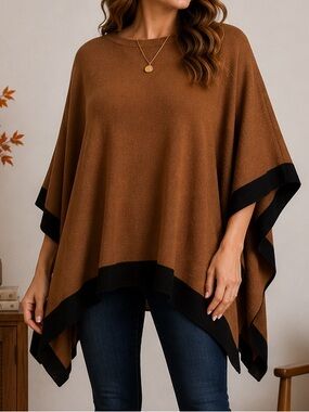 Calvin Klein Poncho Sweater XL Rust Brown Black Colorblock Knit Cape NWOT